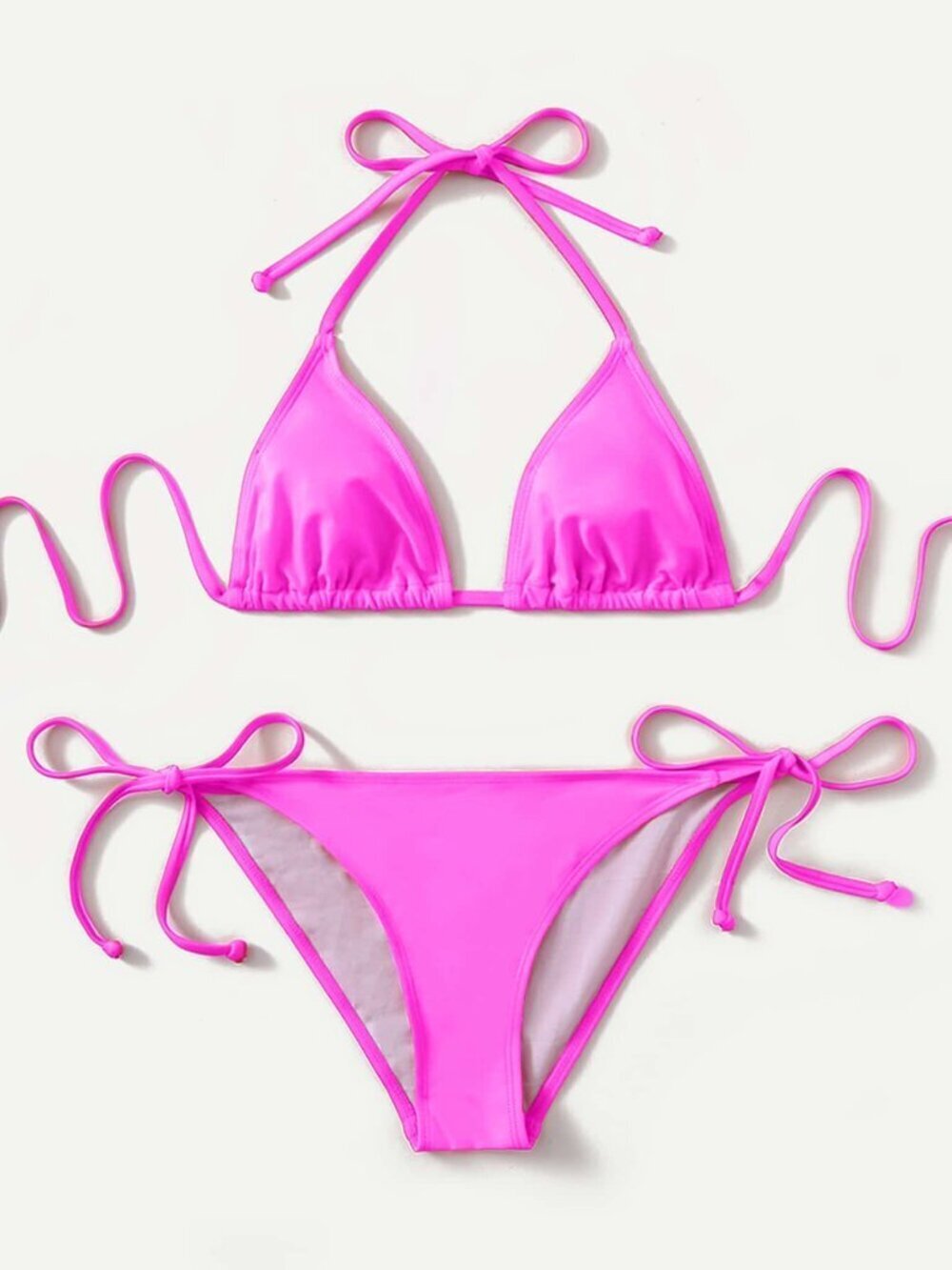 Hot Pink Cute Women's Beach Halter Triangle Bra Tie Side Bottom Bikini Set